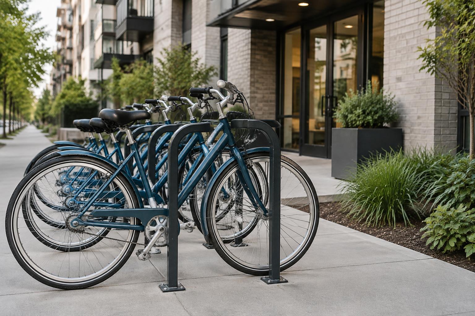 Standard branded bicycles parked at a geofenced outdoor rack near an apartment building entrance.
