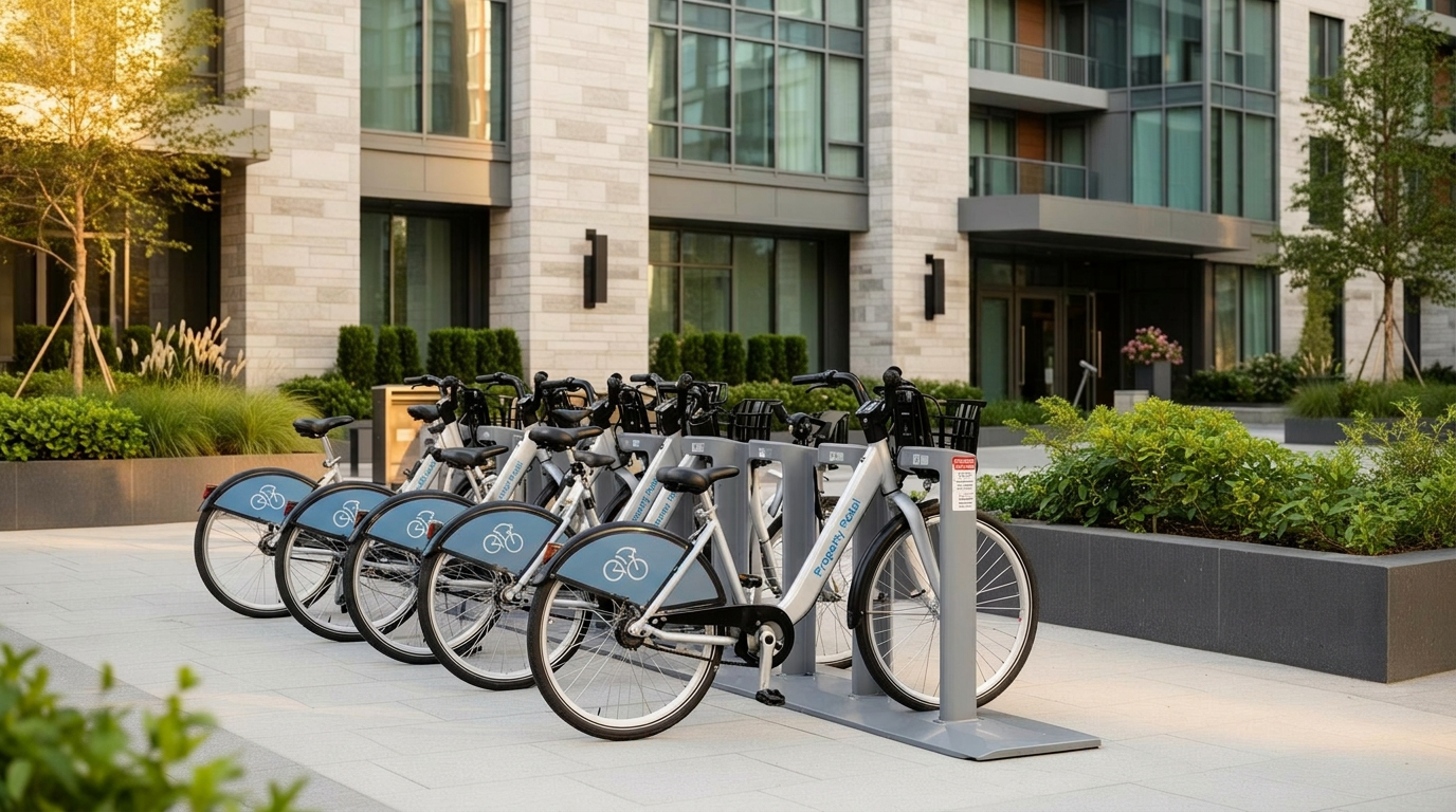 Custom-branded condominium bike share dock outside a luxury residential building