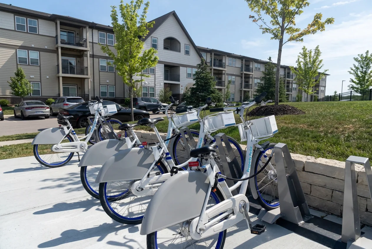 Property Pedal resident bikes docked outside a landscaped apartment community