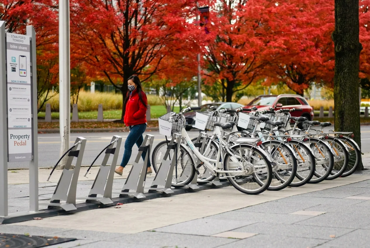 Property Pedal community bicycles beneath autumn trees at a condo bike share station