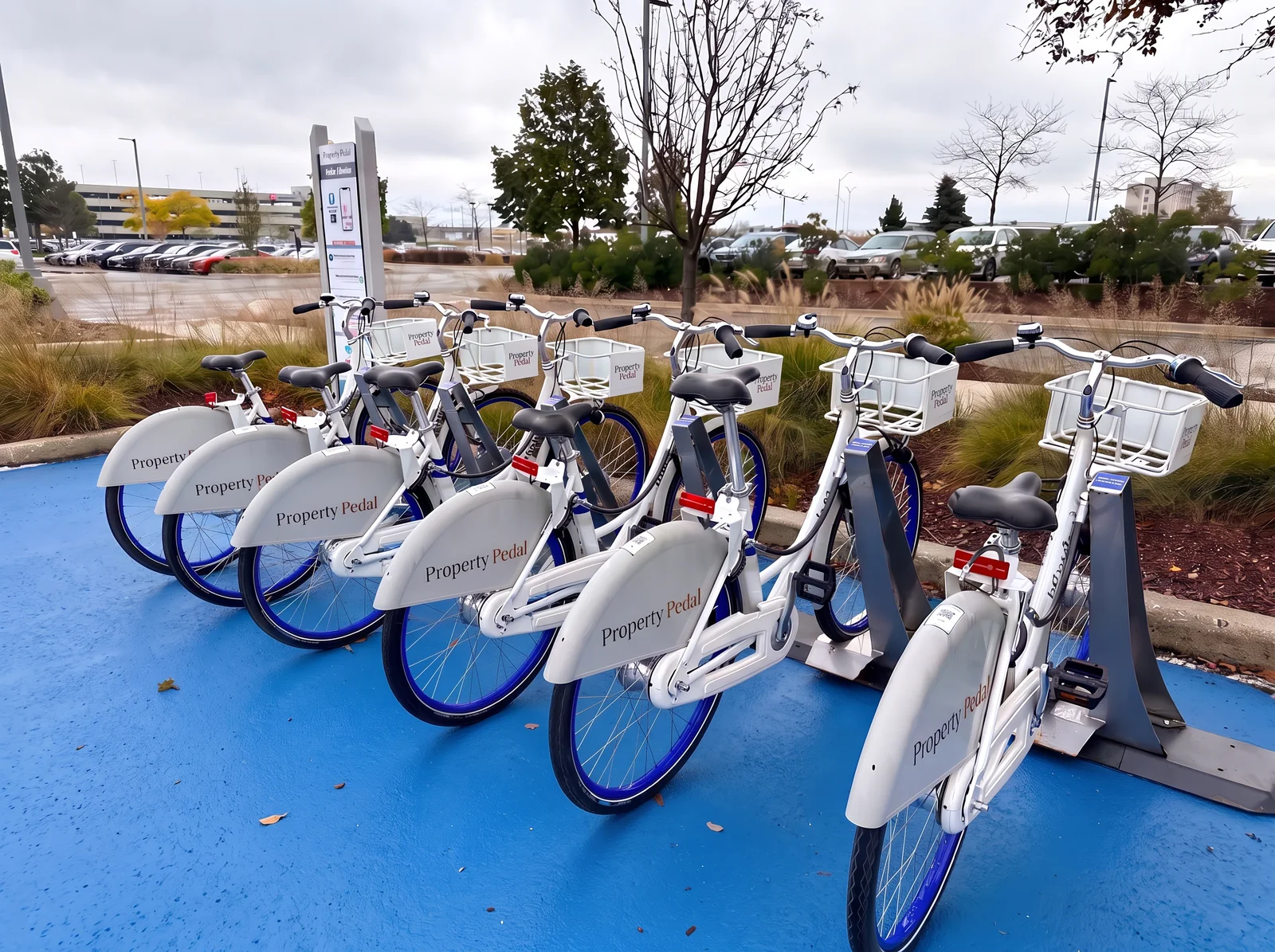 Property Pedal bicycles ready for residents at an outdoor docking station