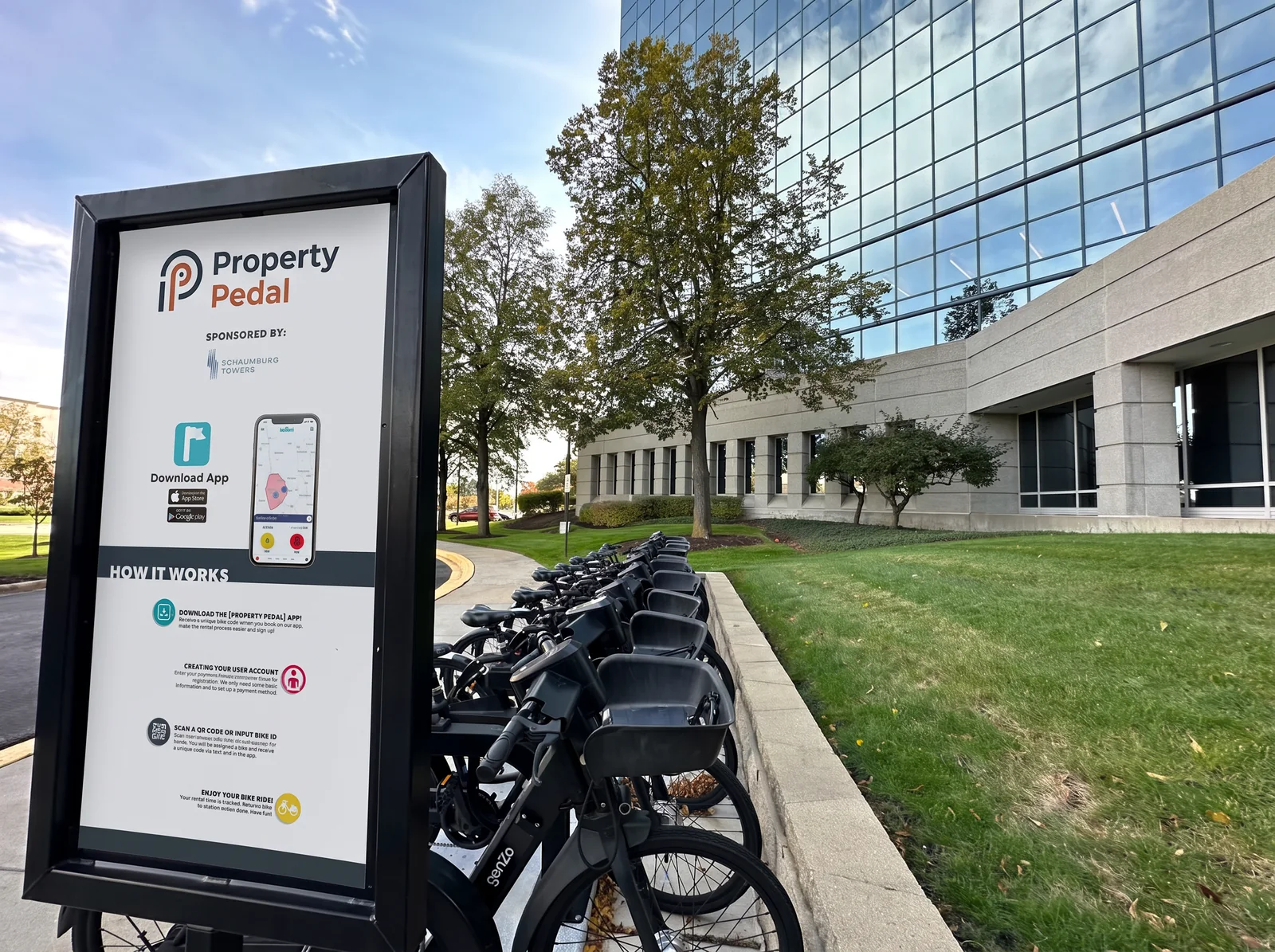 Property Pedal bike share installation outside a professionally managed office property