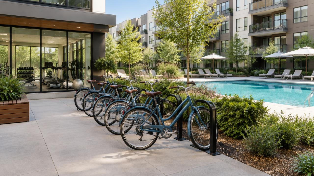 Editorial illustration of standard non-electric shared bicycles at a residential property