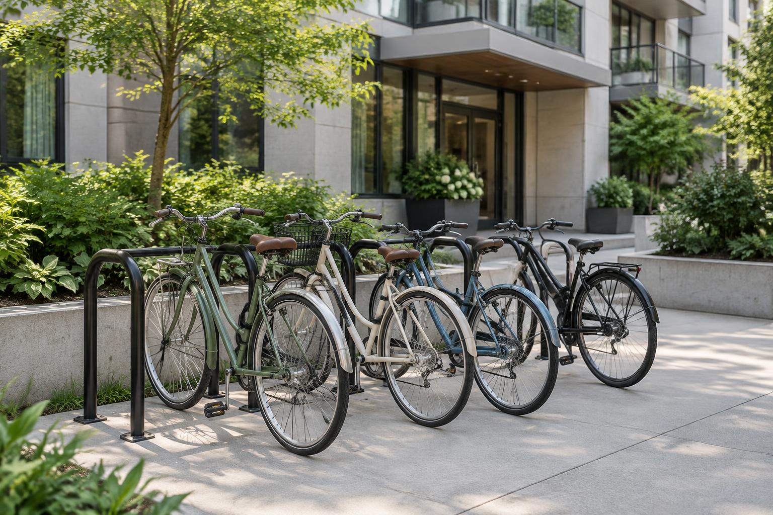 Standard pedal bicycles parked beside existing loop racks outside a condominium entrance