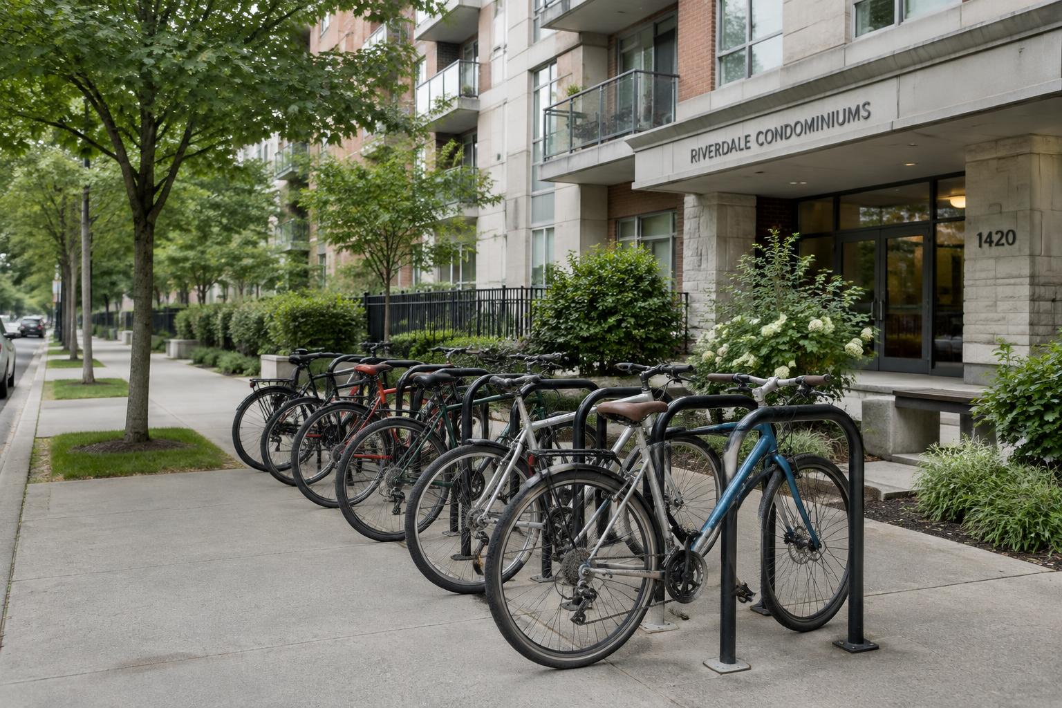 Standard pedal bicycles parked beside existing loop racks outside a condominium entrance