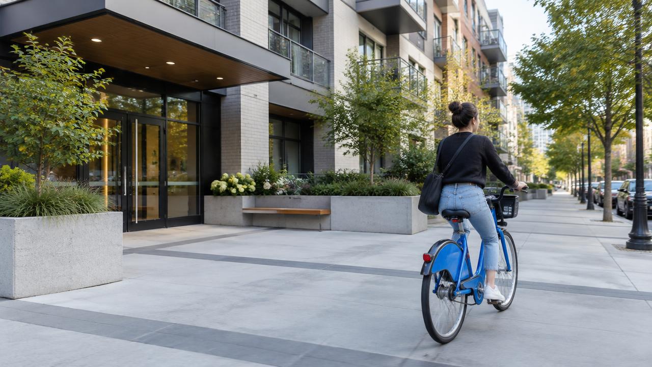 Editorial illustration of standard non-electric shared bicycles at a residential property