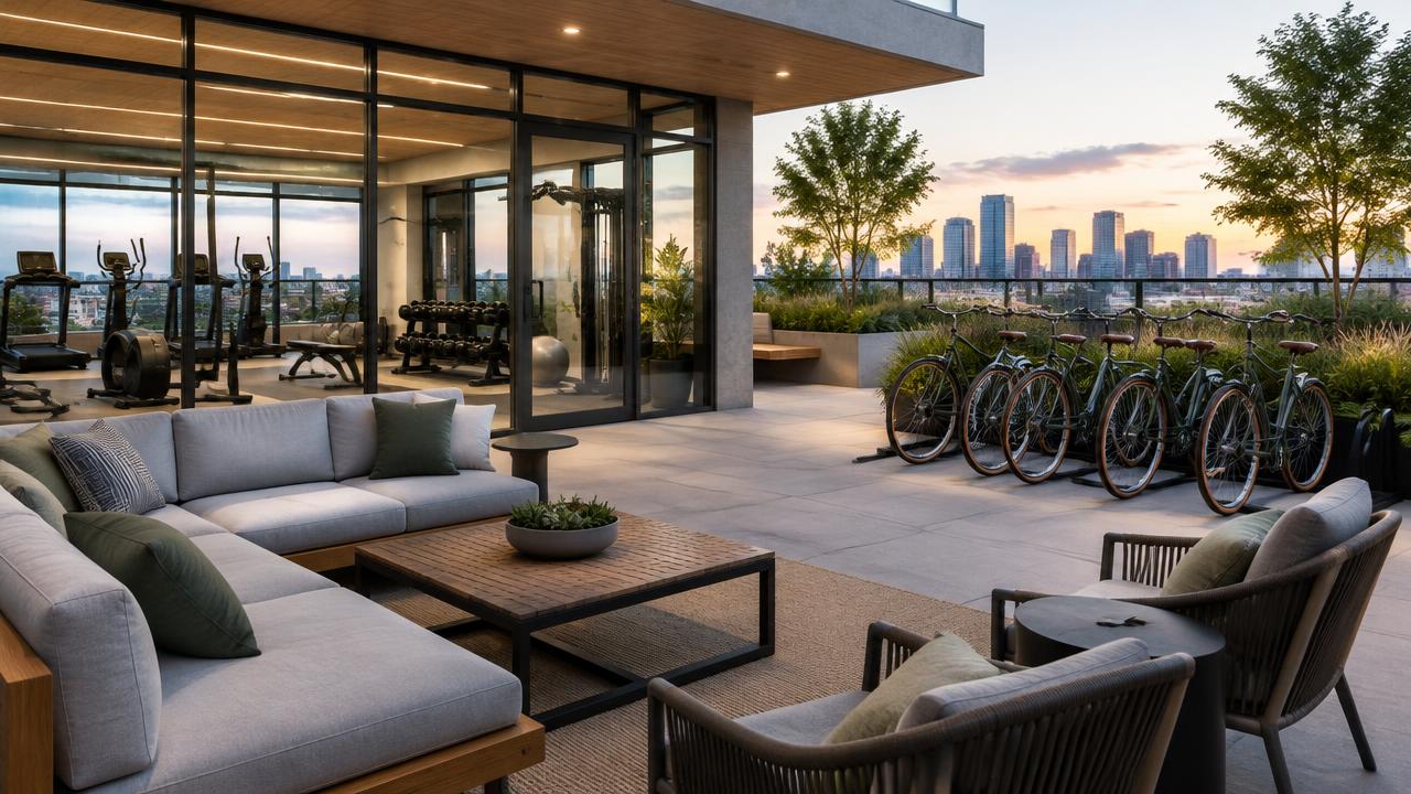 Standard non-electric shared bicycles at a residential property, illustrating the top 10 apartment amenities that increase lease rates in 2026